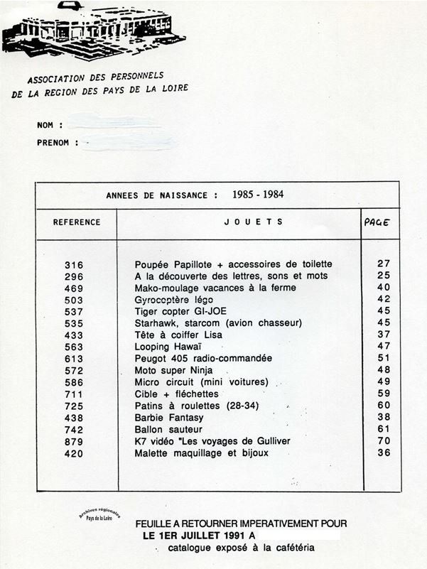 Liste remise aux parents d’enfants de 6 à 7 ans (1991).