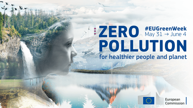 Fonds avec des images de forêts, d'un lac, d'un volcan qui se reflète dans l'eau, de montagnes et d'une jeune fille dont la chevelure est constituée d'une forêt. Un texte : Zero pollution for healthier people ans planet #EUGreenWeek May 31 - June 4. Apparait également en bas à droite le logo de la Commission européenne composé du drapeau européen et de la mention European Commission.