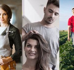 3 photos côte à côte : une jeune femme avec une ceinture de menuiserie, un garçon coiffeur, un autre dans un champ